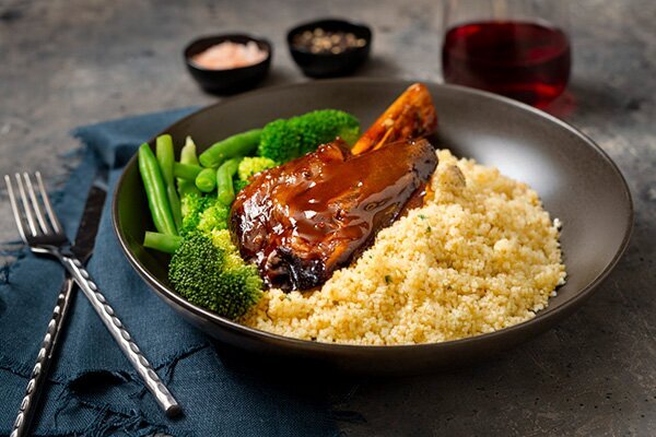 Speedy Lamb Shanks in Red Wine and Rosemary Sauce with Couscous and Green Veg