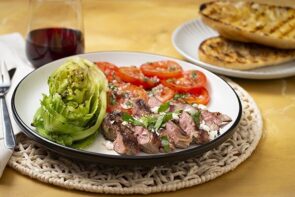 BBQ Lamb Steaks with Grilled Cos and Marinated Tomatoes