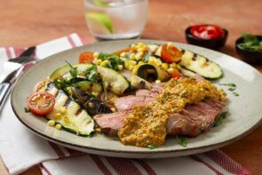 Grilled Steak with Romesco Sauce, Zucchini & Corn Salad