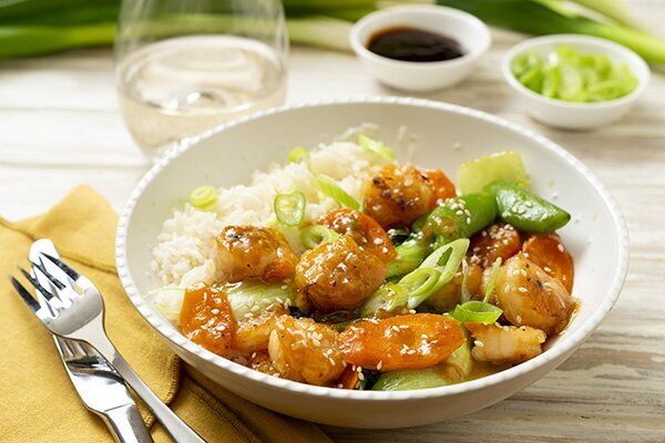 Honey Prawns with Asian Greens and Jasmine Rice