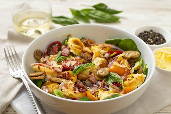 Wagyu Tortellini Salad with Crispy Bacon and Mushrooms