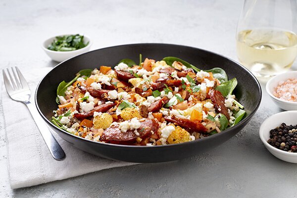 Healthy Roast Veggie and Chorizo Bowl with Quinoa and Fetta