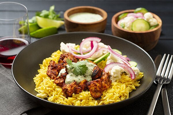 Tandoori Chicken Bowl with Turmeric Rice and Pickled Veg