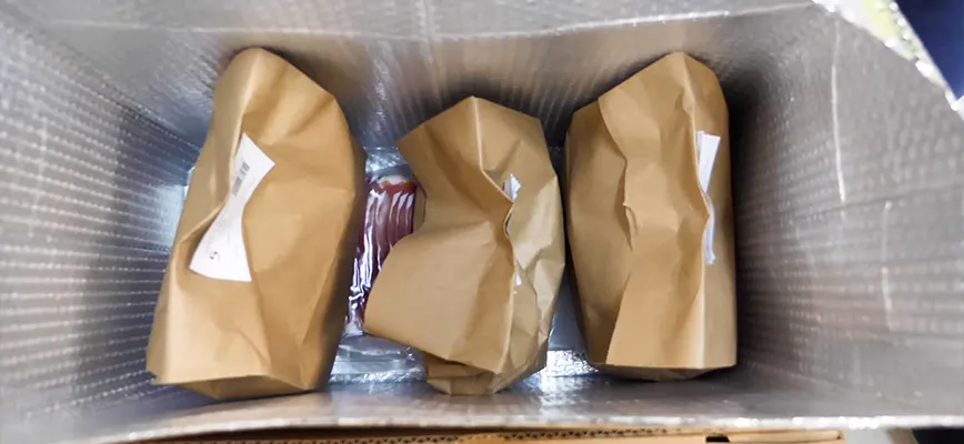 Paper bags sitting in an insulated box. The bags are on top of the packed proteins and ice packs.