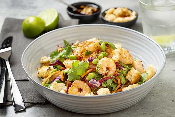 Miso Crunch Prawn Salad Bowl with Chilli and Lime Croutons
