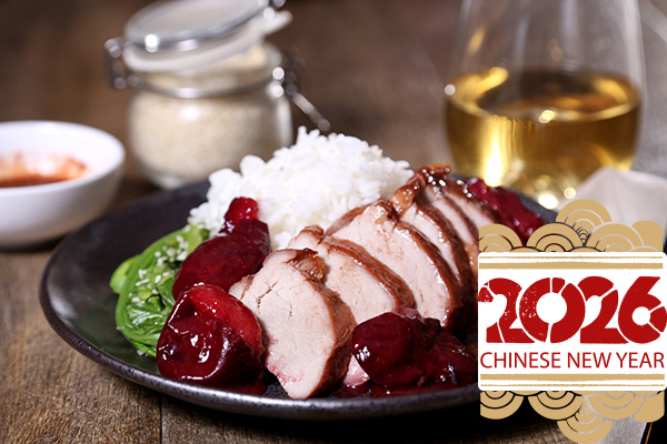 Char Siu Pork with Local Plums, Steamed Rice and Asian Greens