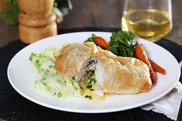 Filo Chicken Kiev with Peas and Mash, Broccolini and Baby Carrots