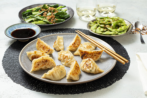 Homemade Chicken Dumplings with Edamame and Choy Sum