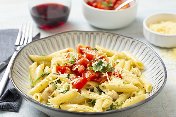 Creamy Pesto Penne with Tomato Tapenade
