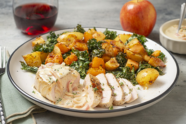 Pork with Roasted Apples, Veg and Mustard Cream Sauce