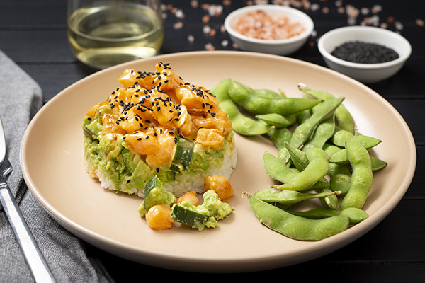 Spicy Prawn and Avocado Sushi Stack with Salted Edamame