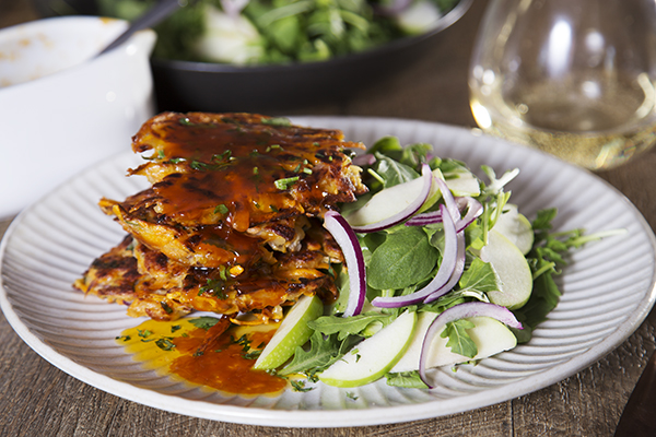 Sweet Potato and Haloumi Fritters with Spicy Honey Butter and Apple Salad