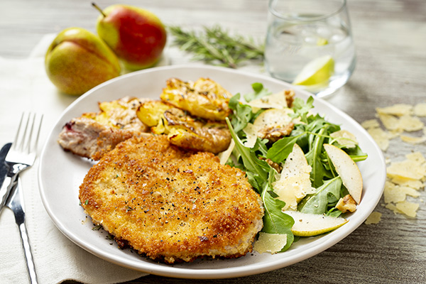 Pork Chop Milanese with a Rocket and Pear Salad and Crushed Potatoes