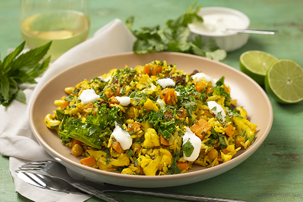Curried Cauliflower Fried Rice with Yoghurt Dressing