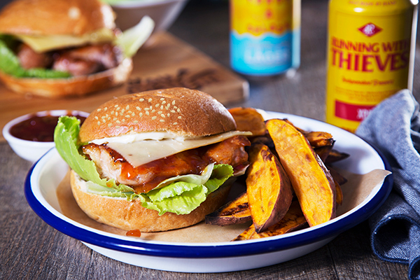 Chilli Chicken Burger on a Turkish Bun with Sweet Potato Fries