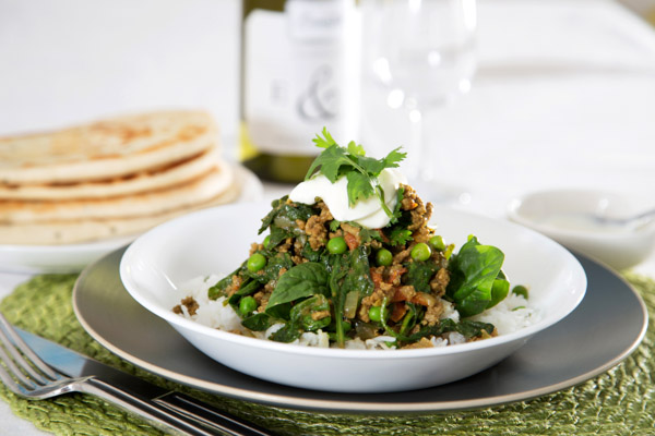 Beef Keema with Peas, Spinach and Rice