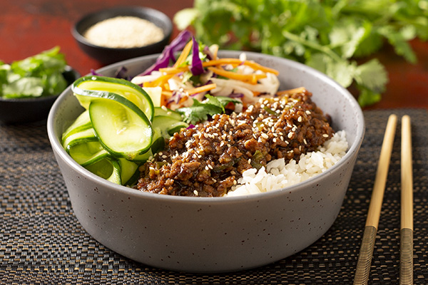 Quick Peking Beef with Rice, Asian Coleslaw and Pickled Cucumber