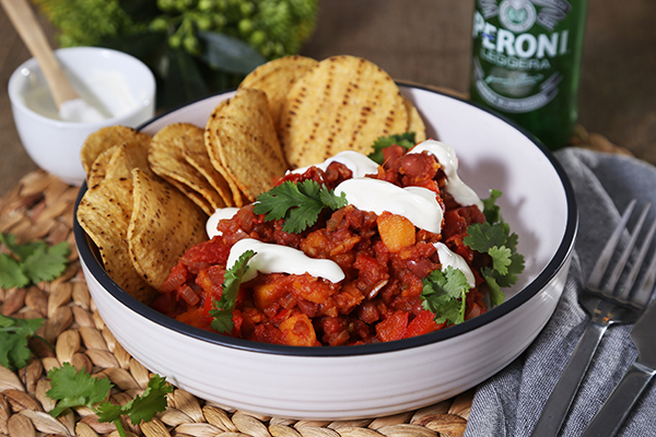 Vegetarian Chilli with Sweet Potato Sour Cream and Corn Chips