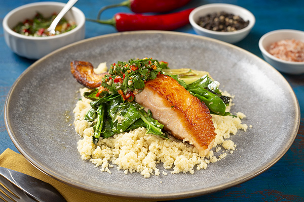 Salmon Chimichurri with Couscous and Pak Choy