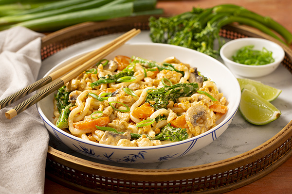 Creamy Chicken Peanut Noodles with Broccolini and Mushrooms