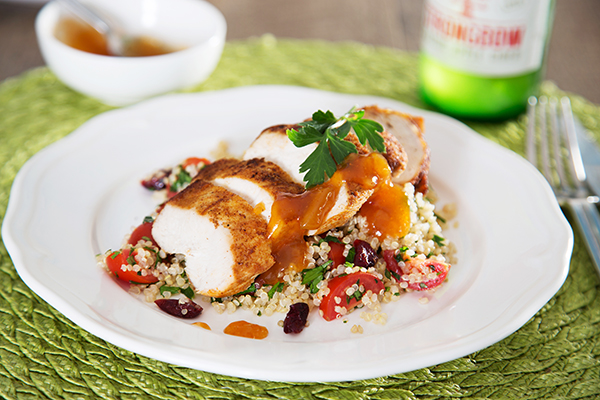 Paprika Chicken with Quinoa Tabbouleh Topped with Mango Chutney