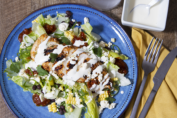 Lower Carb Southwest Grilled Chicken Salad with Salsa, Sour Cream and Avocado