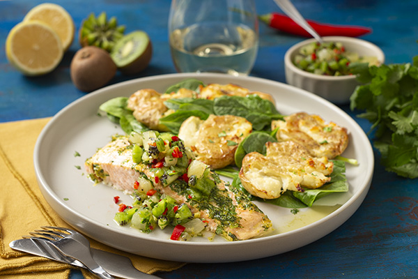 Salmon with Kiwifruit and Pineapple Salsa and Crispy Smashed Potatoes