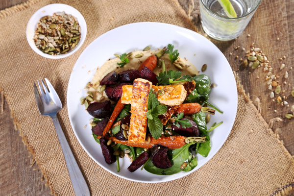 Roasted Baby Beetroot with Spiced Haloumi Baby Carrots, Seeds and Hummus