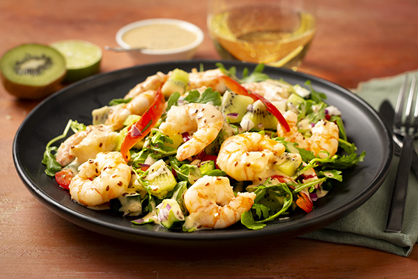 Zesty Lime and Garlic Prawns with Kiwi, Cucumber Crunch and Miso Sesame Drizzle