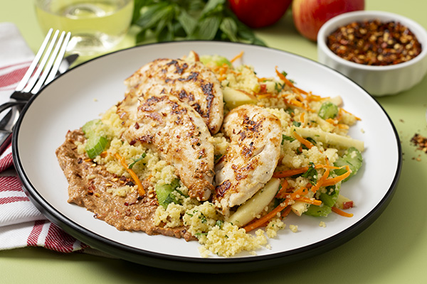 Chicken with Romesco Sauce a Carrot, Apple and Celery Couscous Salad