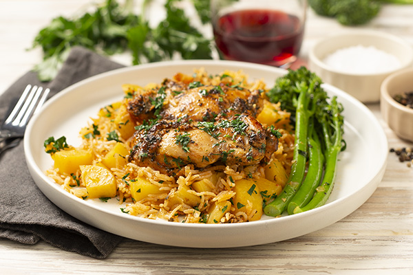 One Pot Chicken and Rice With Potato and Broccolini