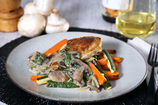 Creamy Parmesan and Garlic Mushroom Chicken with Roasted Carrot and Zucchini