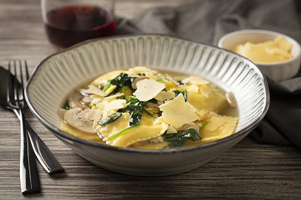 Porcini Mushroom Ravioli in Savoury Broth with Spinach and Parmesan
