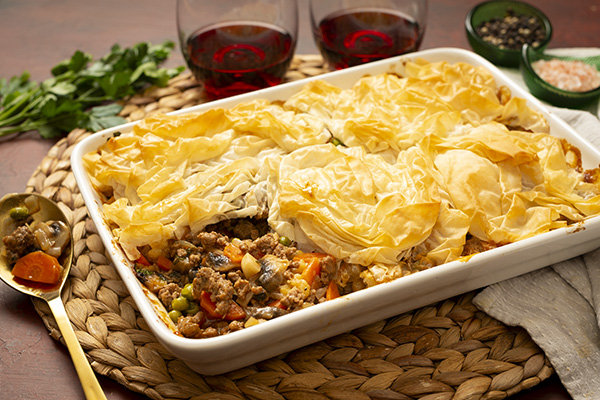 Beef and Vegetable Pot Pie with Crispy Filo