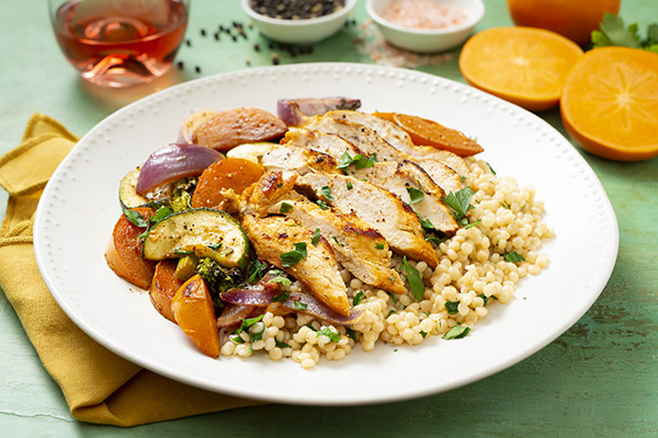 Persimmon Chicken with Roasted Veg and Harissa Yoghurt Dressing