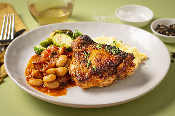 Spicy Soulful Chicken and Nduja Beans with Polenta and Roasted Brussels Sprouts