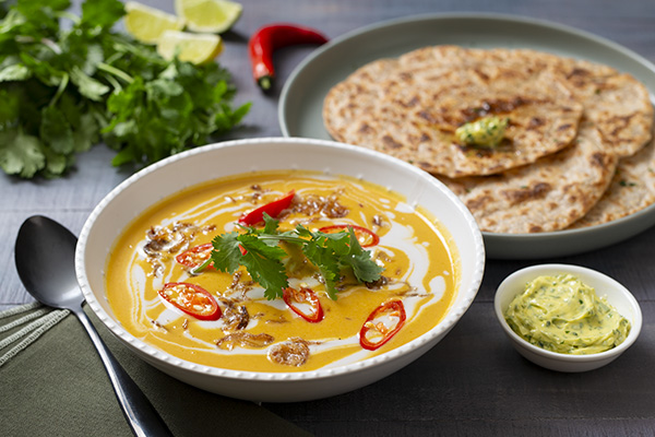 Thai Pumpkin Soup with Paratha and Herb Butter