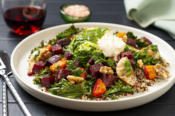 Fresh Burrata and Quinoa Salad with Roasted Beetroot, Carrot, Pear and Kale
