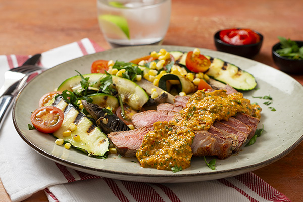 Grilled Steak with Romesco Sauce, Zucchini & Corn Salad