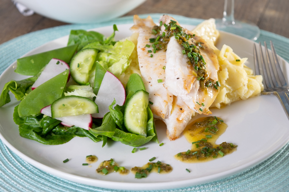Snapper with Lemon & Chive Butter Sauce, Garlic Mash and a Crisp Side Salad