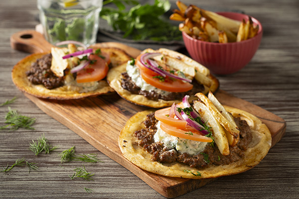 Loaded Beef Gyros Smash Taco With Crispy Potatoes and Herby Fetta Tzatziki