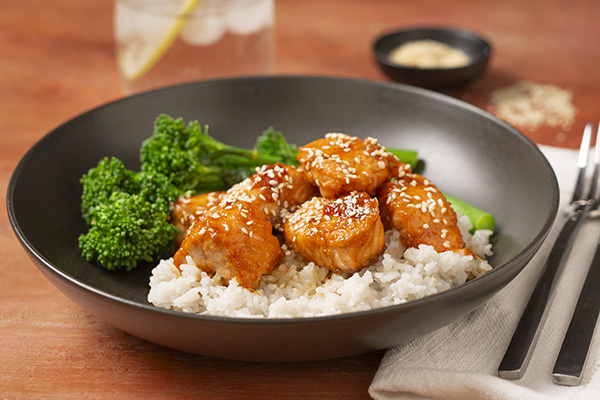 Hot Honey Salmon Bites with Creamy Coconut Rice & Fresh Broccolini