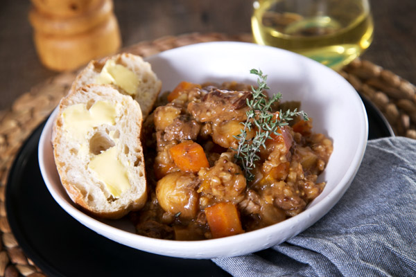 Slow Cooked Beef, Red Wine and Pearl Barley Stew with Veg and Crusty Bread