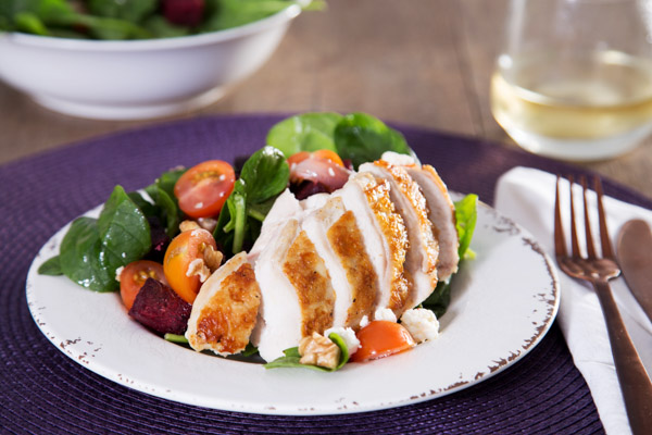 Crispy Roast Chicken and Beetroot with Baby Spinach, Walnut and Fetta Salad