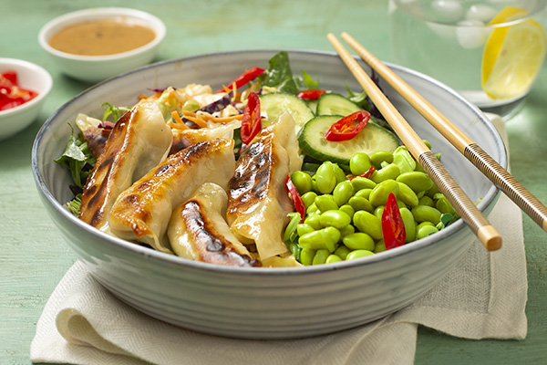 Speedy Prawn Gyoza Poke Bowl with Salad, Edamame and Creamy Miso Dressing