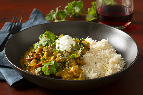 Chickpea and Eggplant Curry with Fluffy Rice and Baby Spinach