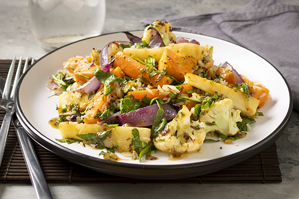 Winter Veg Crispy Rice Salad with Miso, Mustard and Honey Dressing