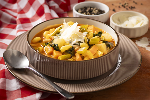 Classic One Pot Minestrone with Winter Vegetables, Pasta and Shaved Parmesan