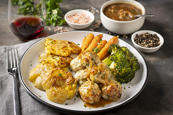 Chicken and Sage Meatballs with Smashed Potatoes and Gravy