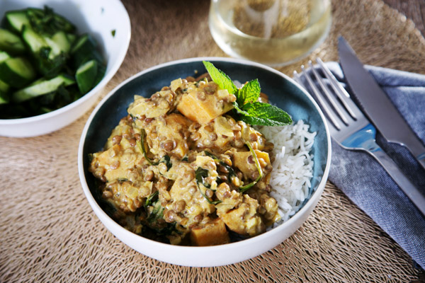Sweet Potato and Lentil Curry with Cucumber Mint Salad
